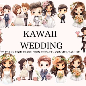 Kawaii Wedding SVG PNG Collection / Acuarela Kawaii Wedding Clipart / Wedding Sticker / Instant Download / 25 PNG de alta calidad