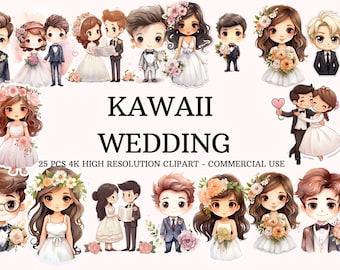 Clipart de casamento kawaii: estilo aquarela (download instantâneo)