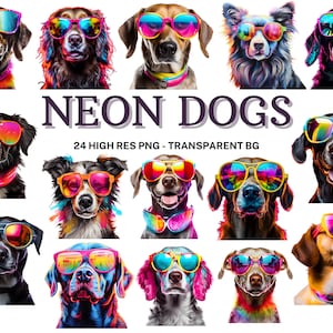 Conjunto de imágenes prediseñadas de perros de neón, 24 perros de neón con anteojos PNG, álbum de recortes, imágenes de animales, animales de acuarela