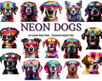 Neon honden clipartset: aquarel dieren png-afbeeldingen (digitale download)