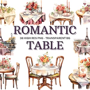 Conjunto de imágenes prediseñadas de mesas románticas, 38 imágenes prediseñadas de mesa de cena romántica de acuarela, álbum de recortes, paquete de amor