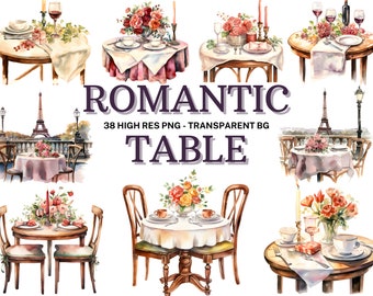 Romantic Tables Clipart Set, 38 Watercolor Romantic Dinner Table Clipart, Scrapbook, Love Bundle