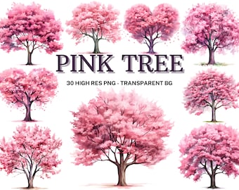 May include: A set of 30 high-resolution PNG images of pink trees with transparent backgrounds. The trees are in various poses and sizes, perfect for adding a touch of spring to your designs.