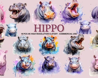 Conjunto de imágenes prediseñadas de hipopótamo, 19 PNG de hipopótamo de acuarela, imágenes prediseñadas de hipopótamo lindo, diario basura