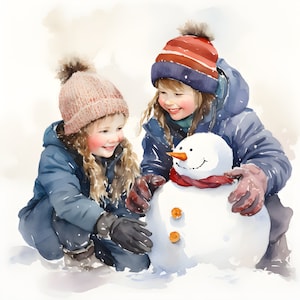 20 Kids in Snow, Printable Watercolor Images, High Resolution JPG with white background