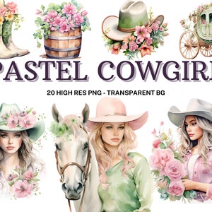 Aquarell Pastell Cowgirl Clipart Set - 20 Wild Western PNG, Scrapbook, Junk Journal