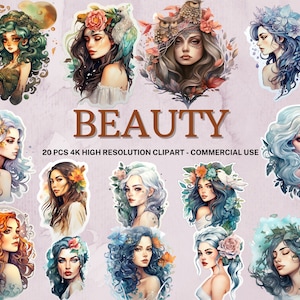 Colección SVG de hermosa chica, Imágenes prediseñadas de hermosa chica de acuarela, PNG de belleza, Pegatina de belleza, Descarga instantánea, 20 PNG de alta calidad
