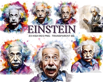 Einstein Clipart Set, 23 Watercolor Albert Einstein PNG Bundle, Watercolor Einstein Sublimation