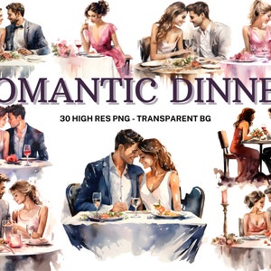 Romantisch diner clipart set, 30 aquarel romantisch diner PNG, Valentijnsdag clipart