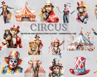 Clipart de circo em aquarela: gráficos vintage de carnaval (download instantâneo)