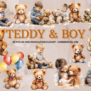 Teddy & Boy SVG-Sammlung | Aquarell Teddy Bär Clipart | Sofortdownload | 25 hohe Qualität PNG