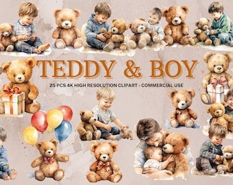 Watercolor Teddy Bear Clipart: Boy and Teddy SVG Collection (Digital Download)