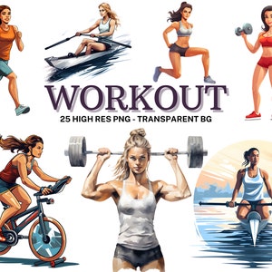 Conjunto de clipart de mulher de treino, 25 PNG de treinamento de mulher em aquarela, clipart de fitness, Junk Journal