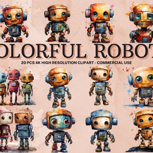 Colorful Robots PNG SVG Collection | Watercolor Colorful Robots Clipart | Instant Download | 20 High Resolution PNG