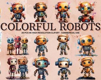 Watercolor Robots Clipart: Colorful PNG SVG Collection (Digital Download)