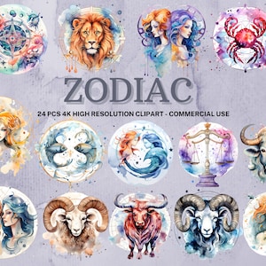 Sternzeichen SVG PNG Collection | Aquarell Sternzeichen Clipart | Sternzeichen Sticker | Sofort Download | 24 Hochwertige PNG