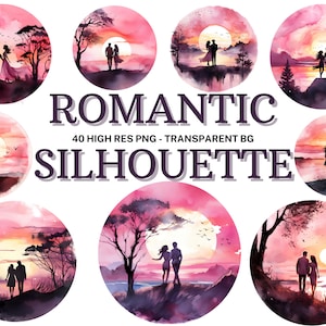Conjunto de imágenes prediseñadas de silueta romántica, Paquete de silueta de pareja del Día de San Valentín de 40 acuarelas, Álbum de recortes, Diario basura