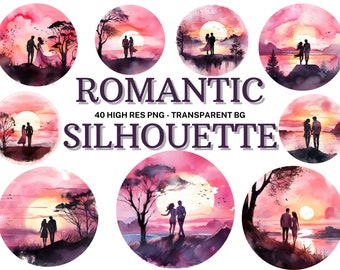 Conjunto de clipart de silhueta romântica, 40 pacotes de silhuetas de casal em aquarela para o dia dos namorados, álbum de recortes, diário de lixo eletrônico