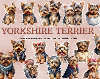 May include: A digital clipart set of 20 Yorkshire Terrier illustrations. The dogs are depicted in various poses and wearing different outfits, including a blue jacket, a pink dress, and a red cape. The text "Yorkshire Terrier" and "20 PCS 4K HIGH RESOLUTION CLIPART - COMMERCIAL USE" is displayed on the image.
