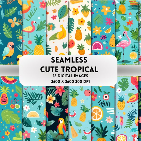 Cute Tropical Vibes Digital Paper, 16 Seamless Pattern, Tropical Fruits Sublimation Design