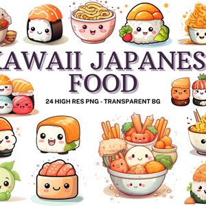 Clipart de comida japonesa Kawaii, sushi lindo, onigiri, nigiri, maki, ramen, fideos