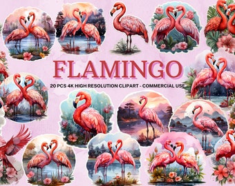 Watercolor Flamingo Clipart | Tropical PNG Graphics (Instant Download)
