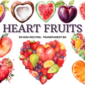 Conjunto de clipart de frutas em formato de coração, 29 frutas em aquarela PNG, vibrações de verão, dia dos namorados