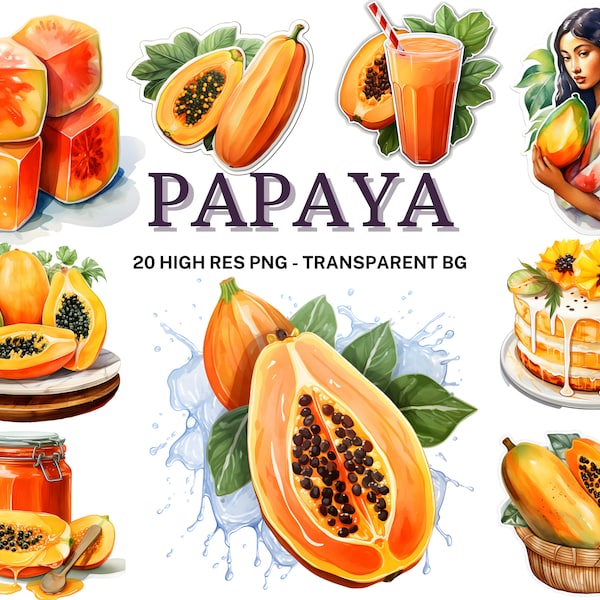 Papaya Clipart Set, 20 Watercolor Papaya PNG, Tropical Fruit Sublimation, Papaya Images