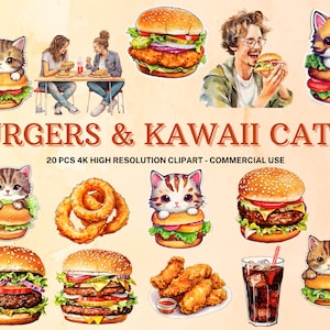 Collezione SVG di hamburger e gatti Kawaii / Clipart Burger ad acquerello / Download istantaneo / 22 PNG di alta qualità