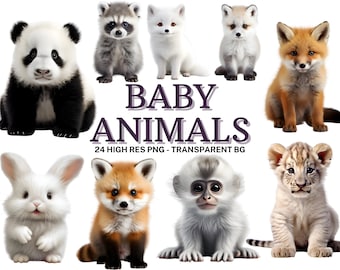Baby Animals Clipart Set, 24 Cute Baby Animals PNG, Watercolor Baby Animals