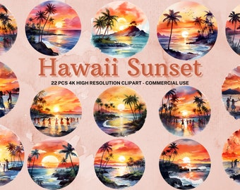 Clipart aquarel Hawaii: Sunset Beach png-collectie (digitale download)