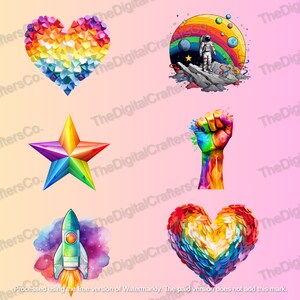 May include: A collection of 12 digital illustrations featuring rainbow colours and various themes, including a heart, a star, a rocket, a cat, a fist, a rainbow, an astronaut, and two figures holding hands.