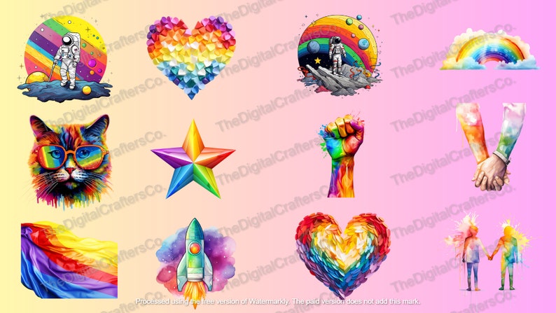 May include: A collection of 12 digital illustrations featuring rainbow colours and various themes, including a heart, a star, a rocket, a cat, a fist, a rainbow, an astronaut, and two figures holding hands.