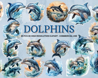 Delfin akvarell Clipart: 20 PNG-grafik (direkt nedladdning)