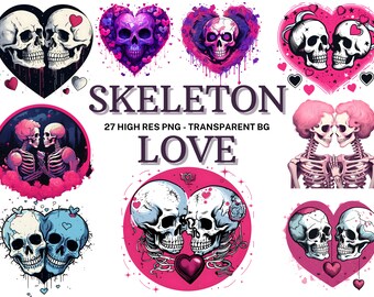 May include: A set of 27 digital illustrations featuring skeletons in various poses, including couples holding hands, skeletons in hearts, and skeletons with flowers. The illustrations are in a pink and purple color scheme and have a gothic aesthetic.