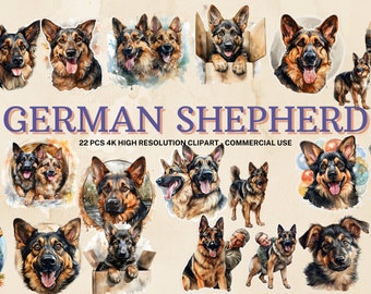 Watercolor German Shepherd Clipart Set: 22 PNG Images (Digital Download)