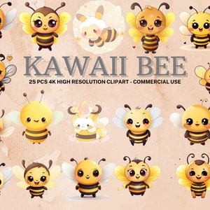 Op de afbeelding: Een set van 25 kawaii-bijen-clipart-afbeeldingen in verschillende poses en uitdrukkingen. De bijen zijn geel en zwart met schattige cartoonogen en glimlachen. De clipart is perfect om een vleugje whimsy aan je projecten toe te voegen.