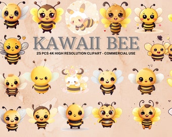 Kawaii Bee Clipart: Watercolor PNG, SVG Collection (Instant Download)