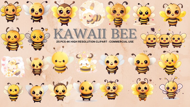 Op de afbeelding: Een set van 25 kawaii-bijen-clipart-afbeeldingen in verschillende poses en uitdrukkingen. De bijen zijn geel en zwart met schattige cartoonogen en glimlachen. De clipart is perfect om een vleugje whimsy aan je projecten toe te voegen.