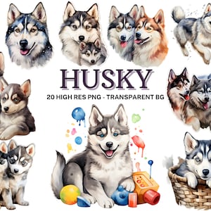 Siberian Husky Clipart Set, 20 Watercolor Husky Dog PNG, Cute Dog Clipart, Junk Journal