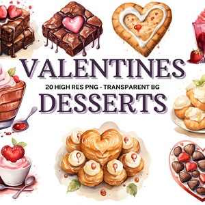 Valentine&#39;s Day Desserts Clipart Set, 20 Watercolor Cakes and Sweets Clipart, Scrapbook, Love Bundle