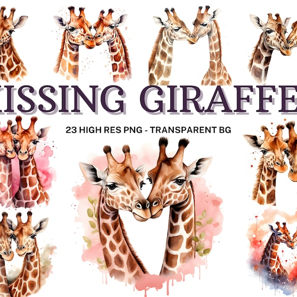 Kissing Giraffe Clipart Set, 23 Watercolor Giraffe Couple PNG, Giraffe Love, Valentines Day