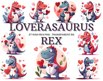 Akvarell Alla hjärtans dag dinosaurie clipart set: 27 PNG-paket (digital nedladdning)