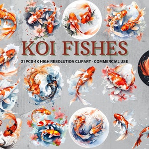 Koi Fisch SVG-Sammlung | Aquarell Koi Fisch Clipart | Koi Fisch PNG | Koi Fisch Aufkleber | Sofortdownload | 21 hochwertige PNG