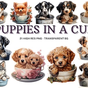 Chiots dans une tasse Clipart Set, 21 chiots mignons dans une tasse, Dog Clipart