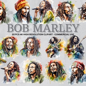 Collection Bob Marley de SVG | Clipart Bob Marley à l'aquarelle | Bob Marley PNG | Autocollant Bob Marley | Téléchargement instantané | 20 PNG de haute qualité