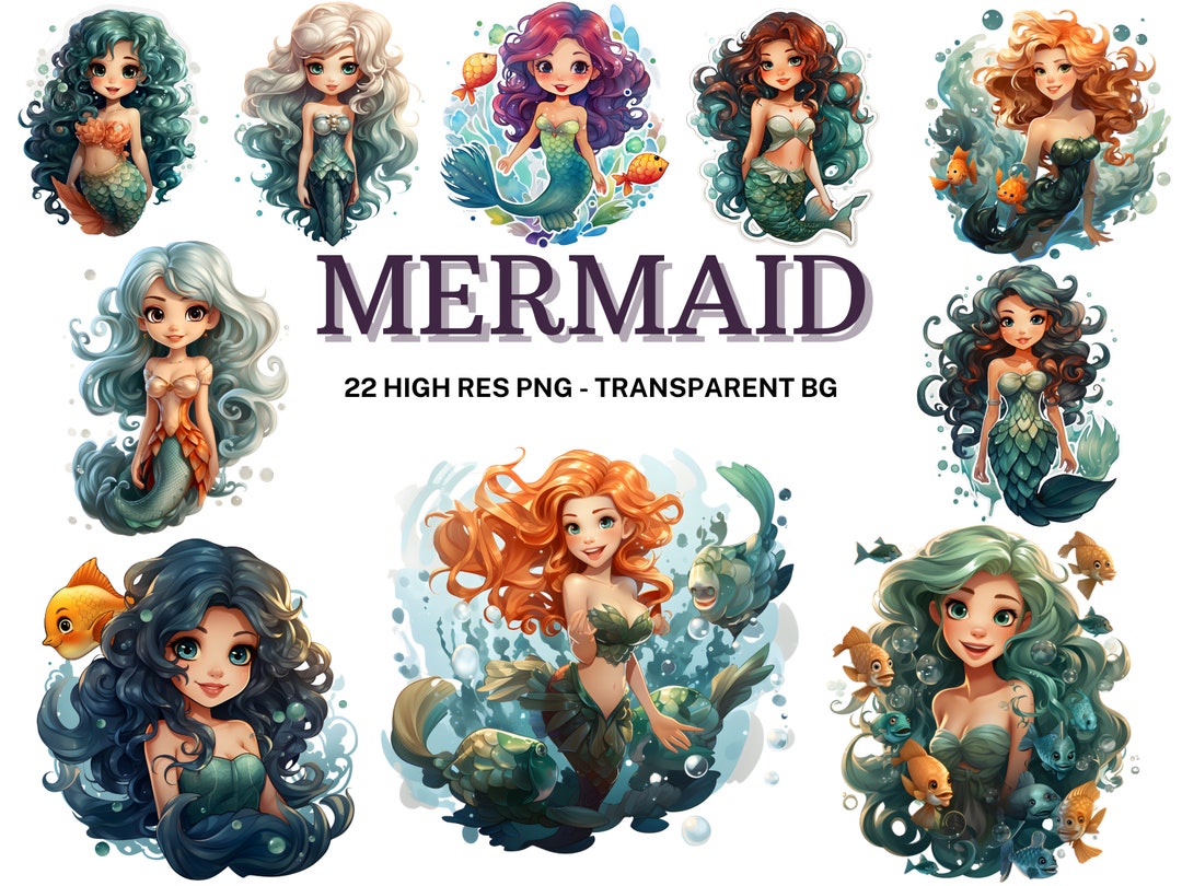 Watercolor Mermaid Clipart Set: 22 PNG Illustrations (digital Download ...