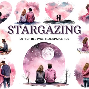 Paar sterrenkijken clipart set, 29 aquarel Valentijnsdag cliparts, Valentijnsdag clipart, scrapbook
