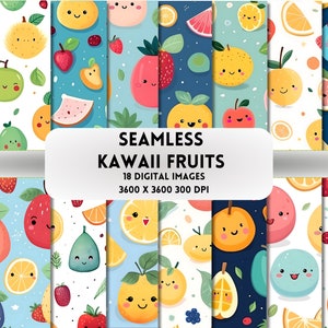 Kawaii Fruits Digital Paper, 18 Seamless Pattern, Funny Sublimation Design, Chibi Fruits
