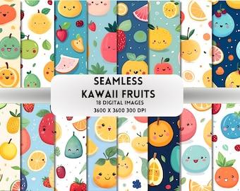 Kawaii Fruits Digital Paper, 18 Seamless Pattern, Funny Sublimation Design, Chibi Fruits